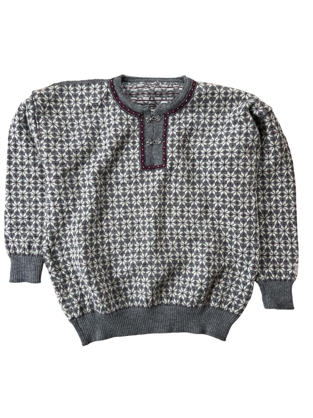 Sweater Mens L Gray Fair Isle Wool Pullover Collarless Button Heavyweight
